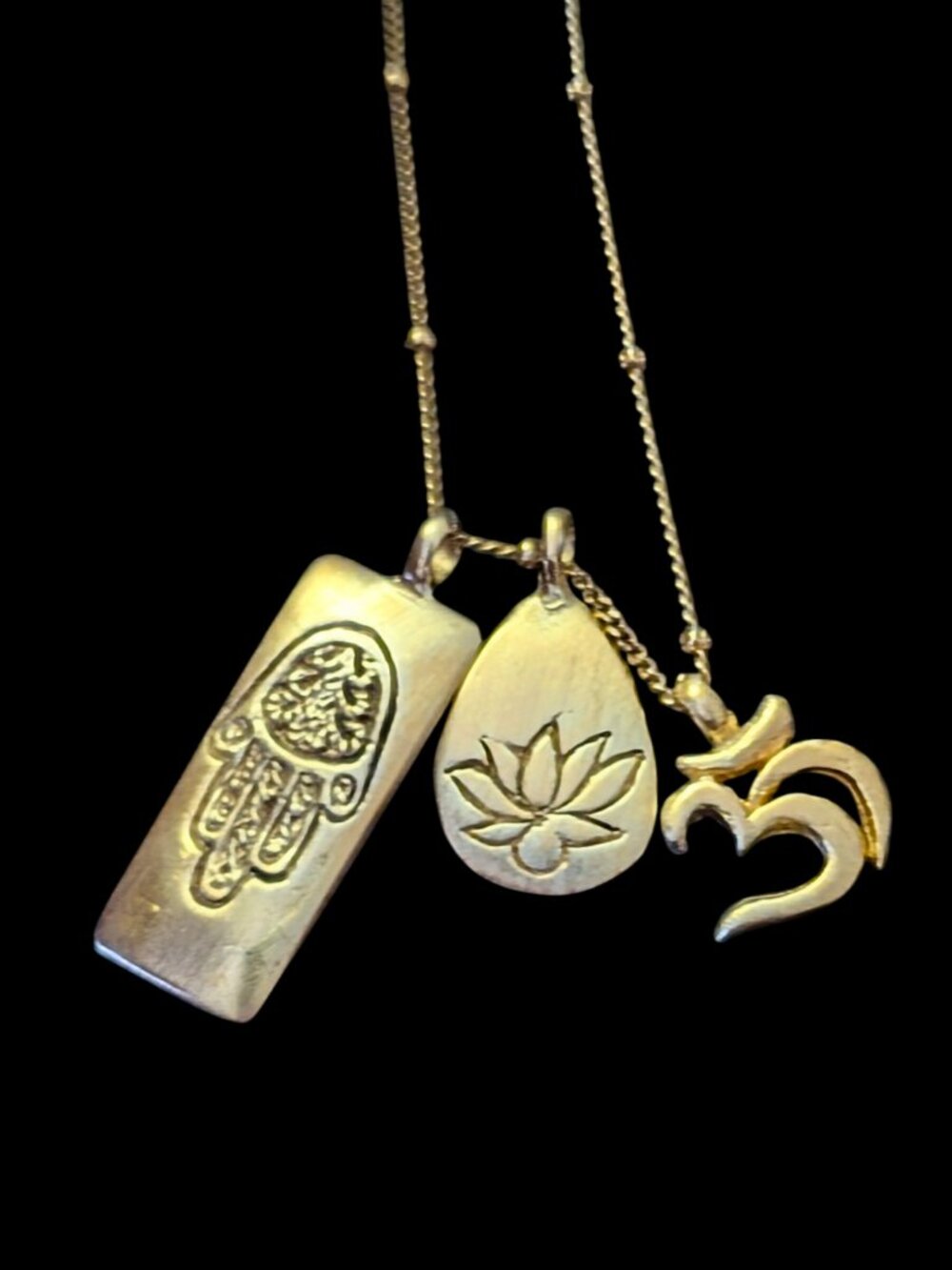Satya 925 Sterling Yellow Gold Vermeil 38" Chain Lotus Hamsa Om Triple Pendant